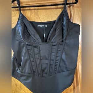 Black Satin Pleated Bust Corset Bodysuit